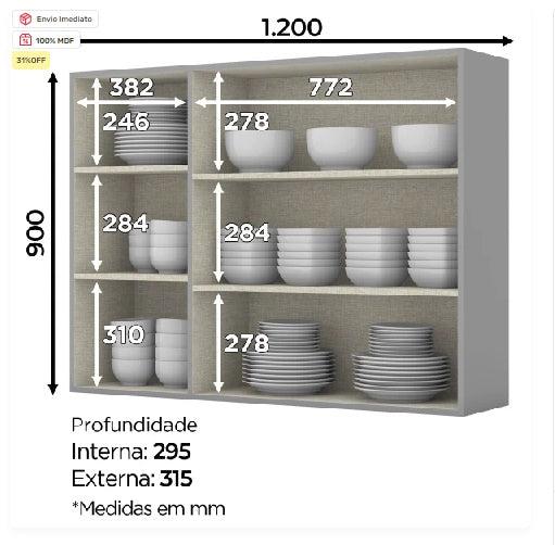 Armário aéreo de Cozinha 3 Portas Padrão CLP 24/25 - My Store