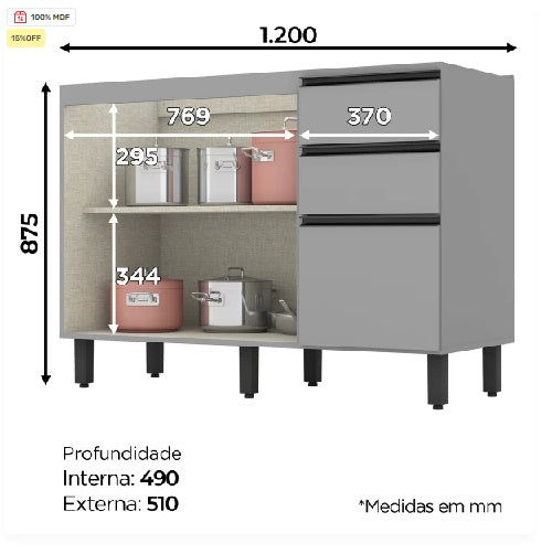 Armário de Cozinha 2 Portas e 3 Gavetas Padrão CLP 24/25 - My Store